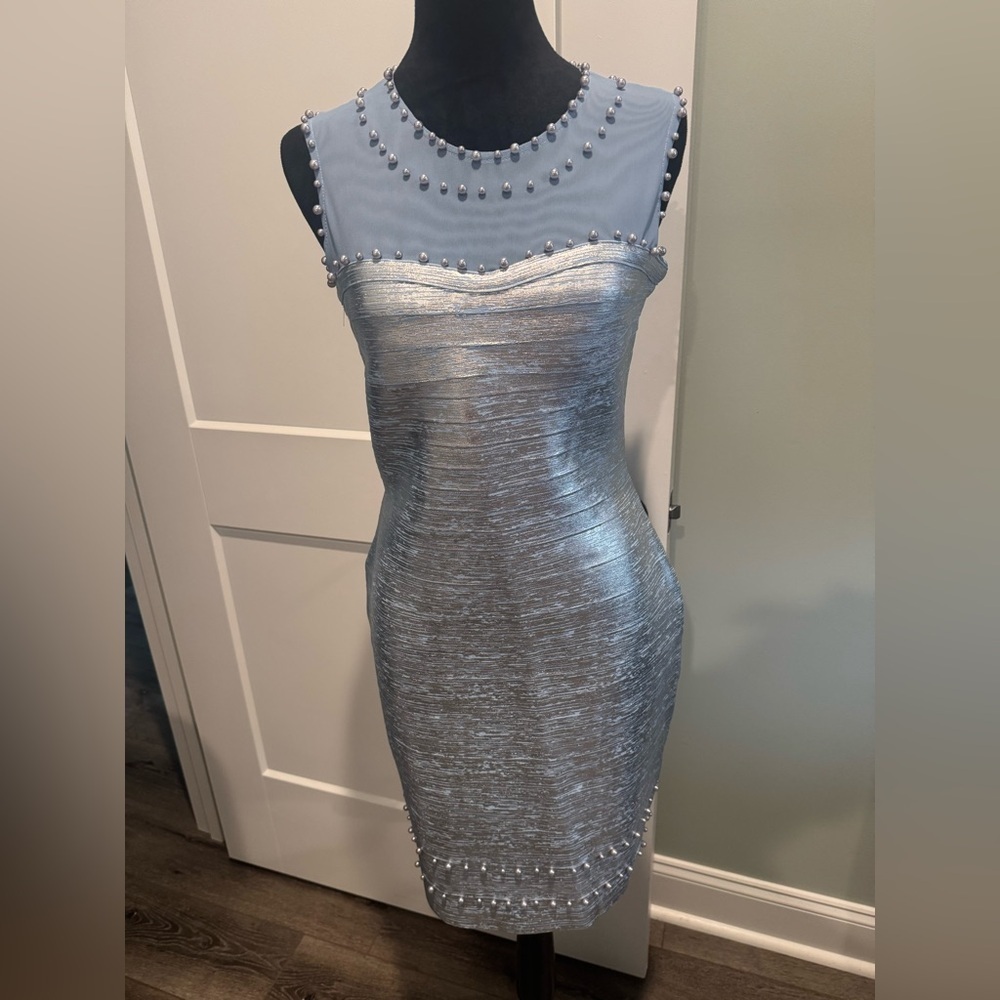 VENUS metallic Silver and blue bodycon Mini Dress mesh pearl embellishment - Picture 2 of 11